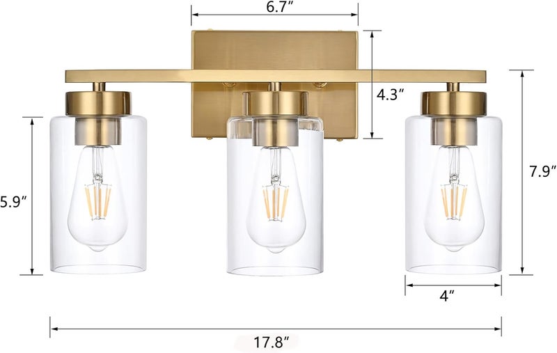 A1A9 3-Light Bathroom Vanity Light, Modern Brushed Gold Wall Lights with Clear Glass Shades, Bathroom Wall Sconce Lamp for Mirror Living Room Bedroom Hallway - Image 3